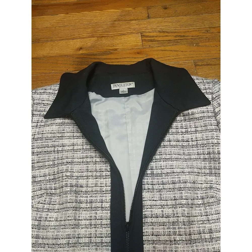 Pendleton Women's Suit Jacket LARGE Petite‎ White Black Gray Full Zip Lined